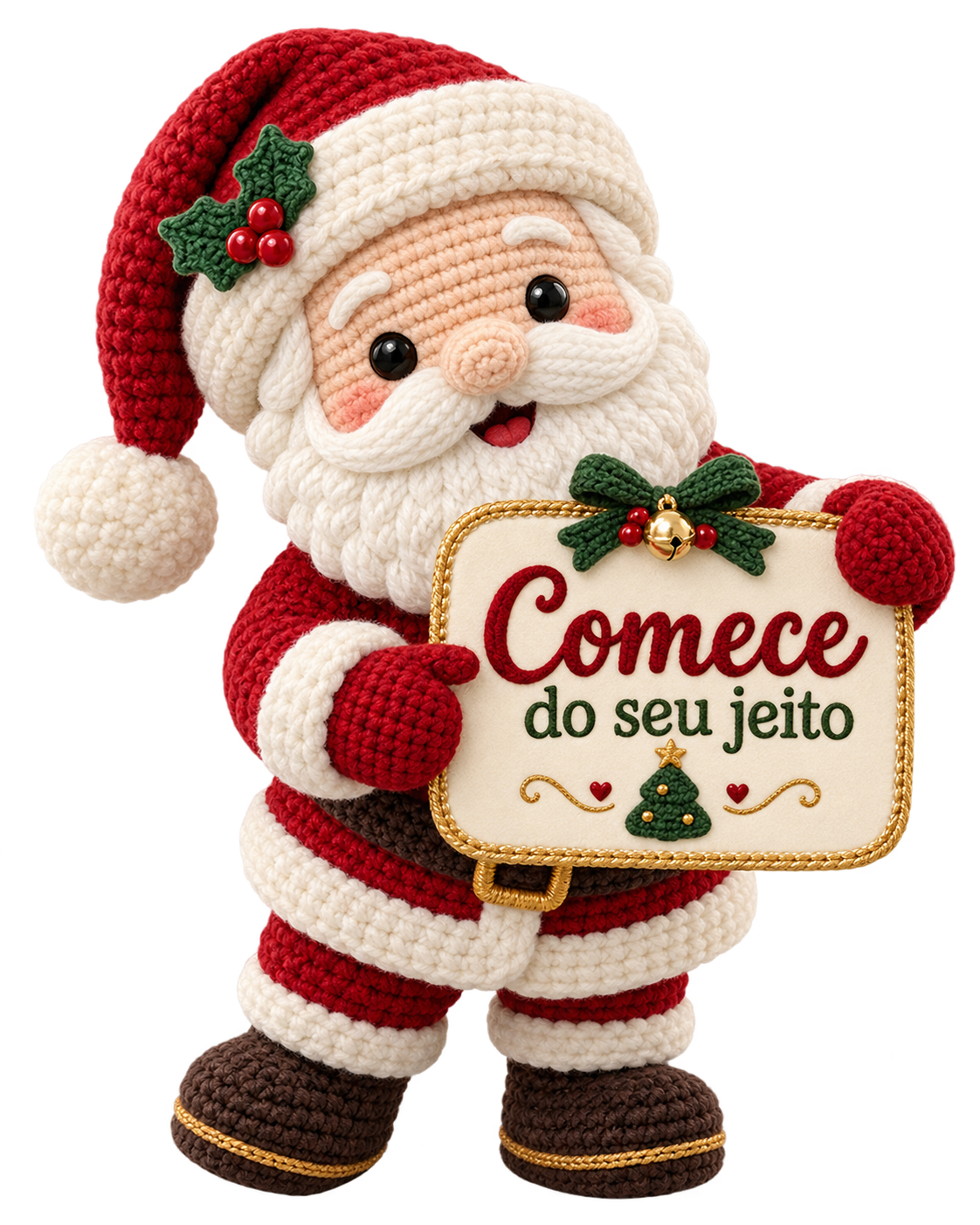 Papai Noel em amigurumi com a mensagem Comece do seu jeito